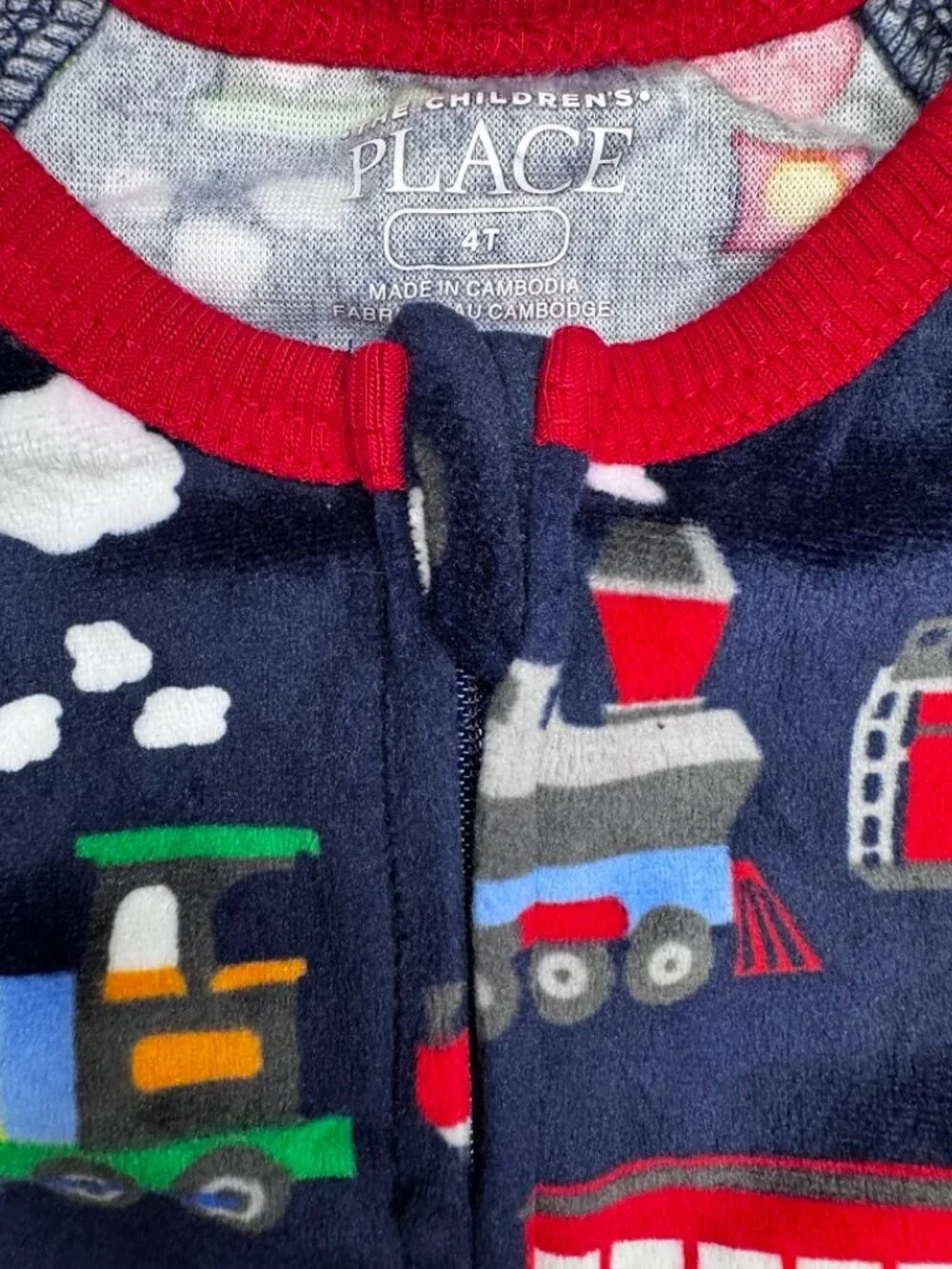 Train Print Footed Sleeper Pajamas 4T One Piece Zip Up Navy Plush Velour